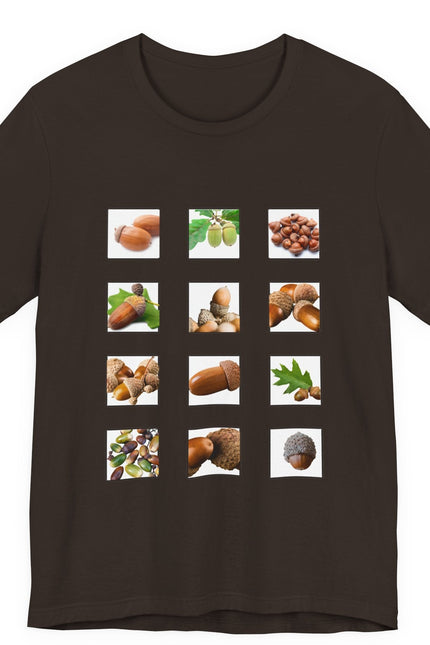 Brown t-shirt with images of acorns and leaves arranged in a grid postage stamp pattern on a white background