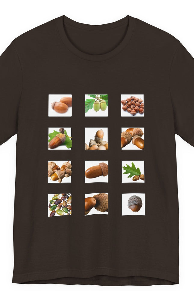 Brown t-shirt with images of acorns and leaves arranged in a grid postage stamp pattern on a white background