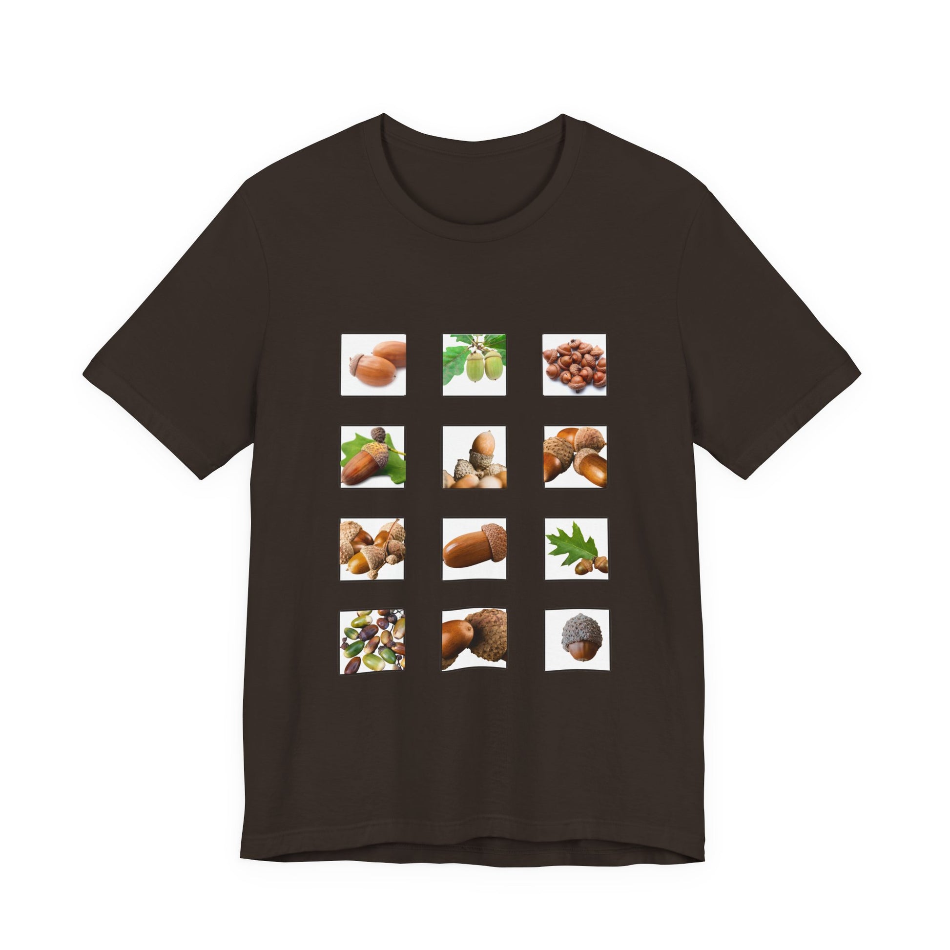 Brown t-shirt with images of acorns and leaves arranged in a grid postage stamp pattern on a white background