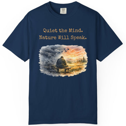 Navy blue t-shirt with a veteran nature-themed graphic and text on a white background
