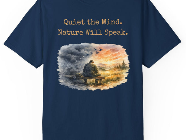 Navy blue t-shirt with a veteran nature-themed graphic and text on a white background