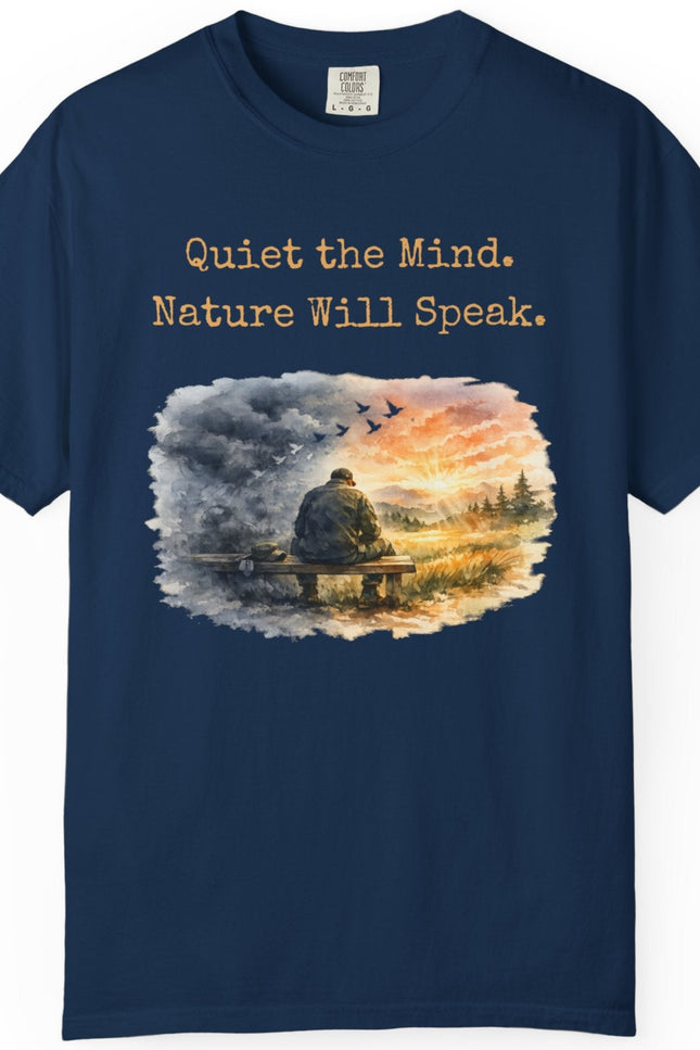Navy blue t-shirt with a veteran nature-themed graphic and text on a white background