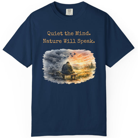 Navy blue t-shirt with a veteran nature-themed graphic and text on a white background