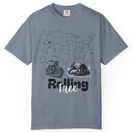 Blue jean t-shirt with motorcycle graphic and 'Rolling Free' text on a white background