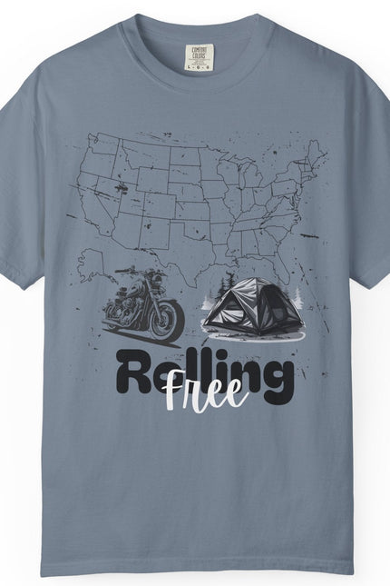 Blue jean t-shirt with motorcycle graphic and 'Rolling Free' text on a white background