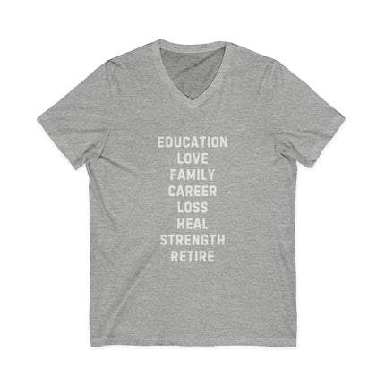 Inspiration Words V-Neck Unisex Tee — Pre and Post Retirement Motivational T-Shirt (Education • Family • Freedom)