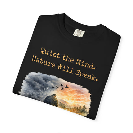 Black t-shirt with nature-themed design and text on a white background