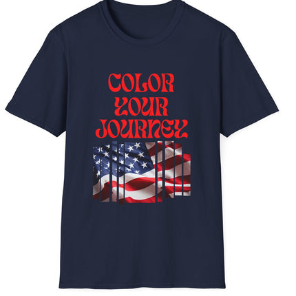 Navy blue t-shirt with 'Color Your Journey' text and American flag design on a white background