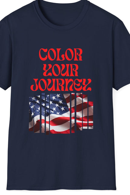 Navy blue t-shirt with 'Color Your Journey' text and American flag design on a white background
