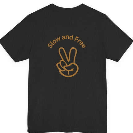 Slow, Free Peace Sign Tee 1970s Female Backpacker Retro Travel Unisex T-Shirt