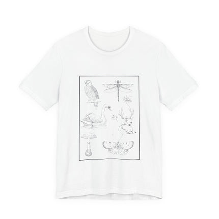 A white short-sleeve crewneck t-shirt featuring a black line art graphic print of various nature illustrations, including an owl, dragonfly, swan, deer, and butterfly, arranged inside a thin rectangular border.