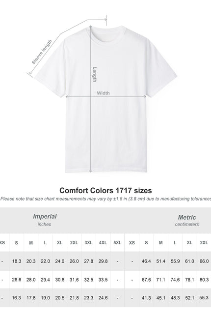 White t-shirt with measurement chart on a white background