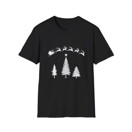 Black T-shirt with Santa and his team flying over a stand of evergreen trees. White background.