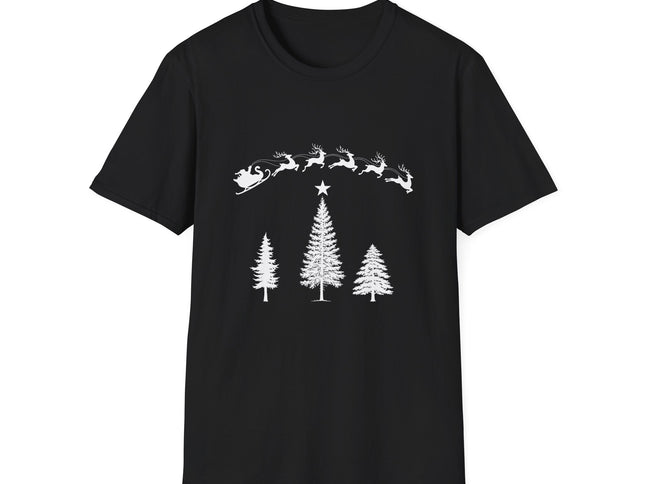 Black T-shirt with Santa and his team flying over a stand of evergreen trees. White background.