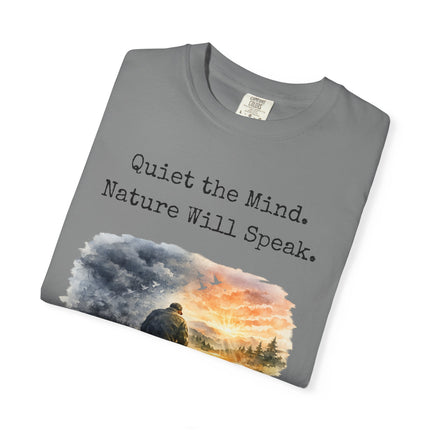 Gray t-shirt with nature-themed design and text on a white background