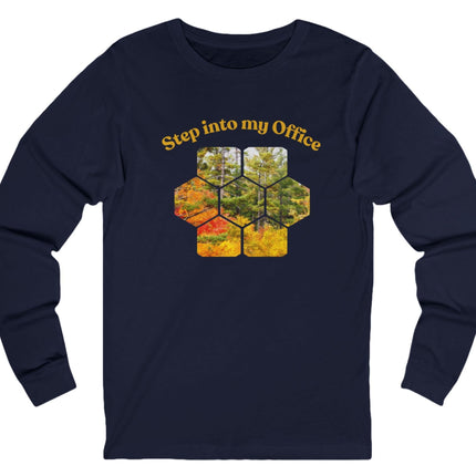 Navy blue long-sleeve shirt with honeycomb design of fall leaves and text stating "Step into my Office"  and text on a white background