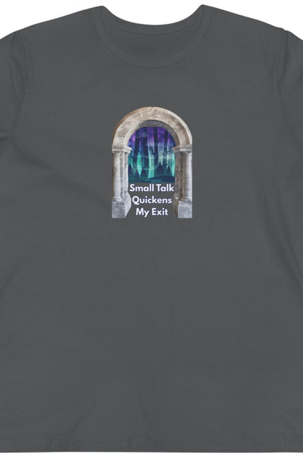 Dark gray t-shirt with a graphic design on a white background