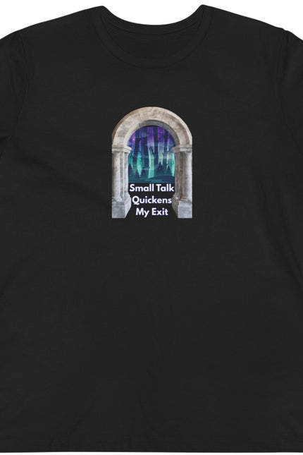 Black t-shirt with a graphic design on a white background