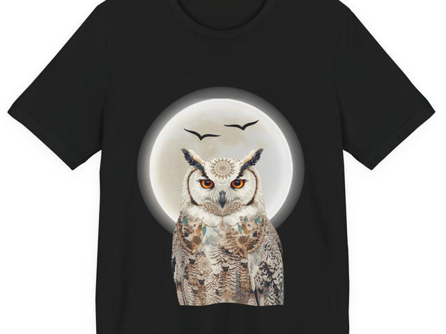 Black t-shirt with an owl design on a white background