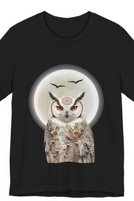 Black t-shirt with an owl design on a white background