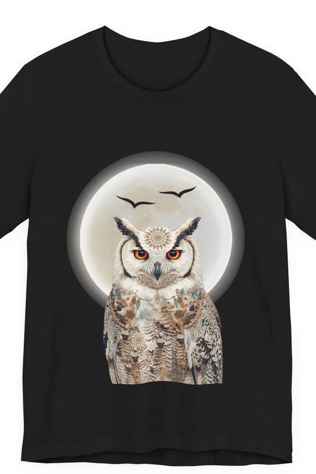 Black t-shirt with an owl design on a white background