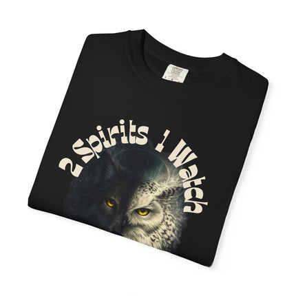 Black t-shirt with an owl graphic and text '2 Spirits 1 Watch' on a white background