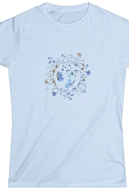 Light blue t-shirt with butterfly and flower design on a white background