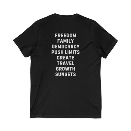 Inspiration Words V-Neck Unisex Tee — Pre and Post Retirement Motivational T-Shirt (Education • Family • Freedom)