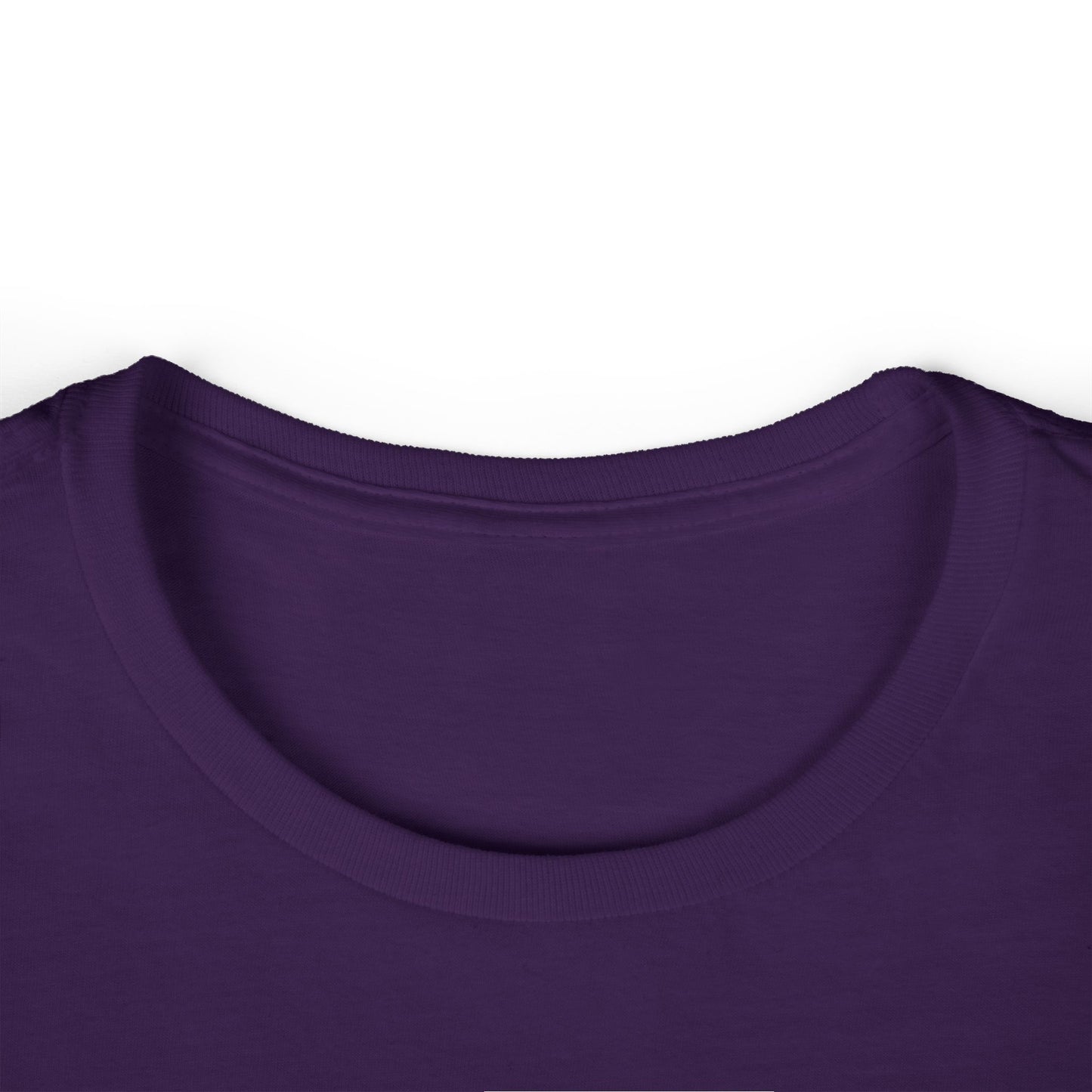 Tag-less neckline of purple t-shirt.
