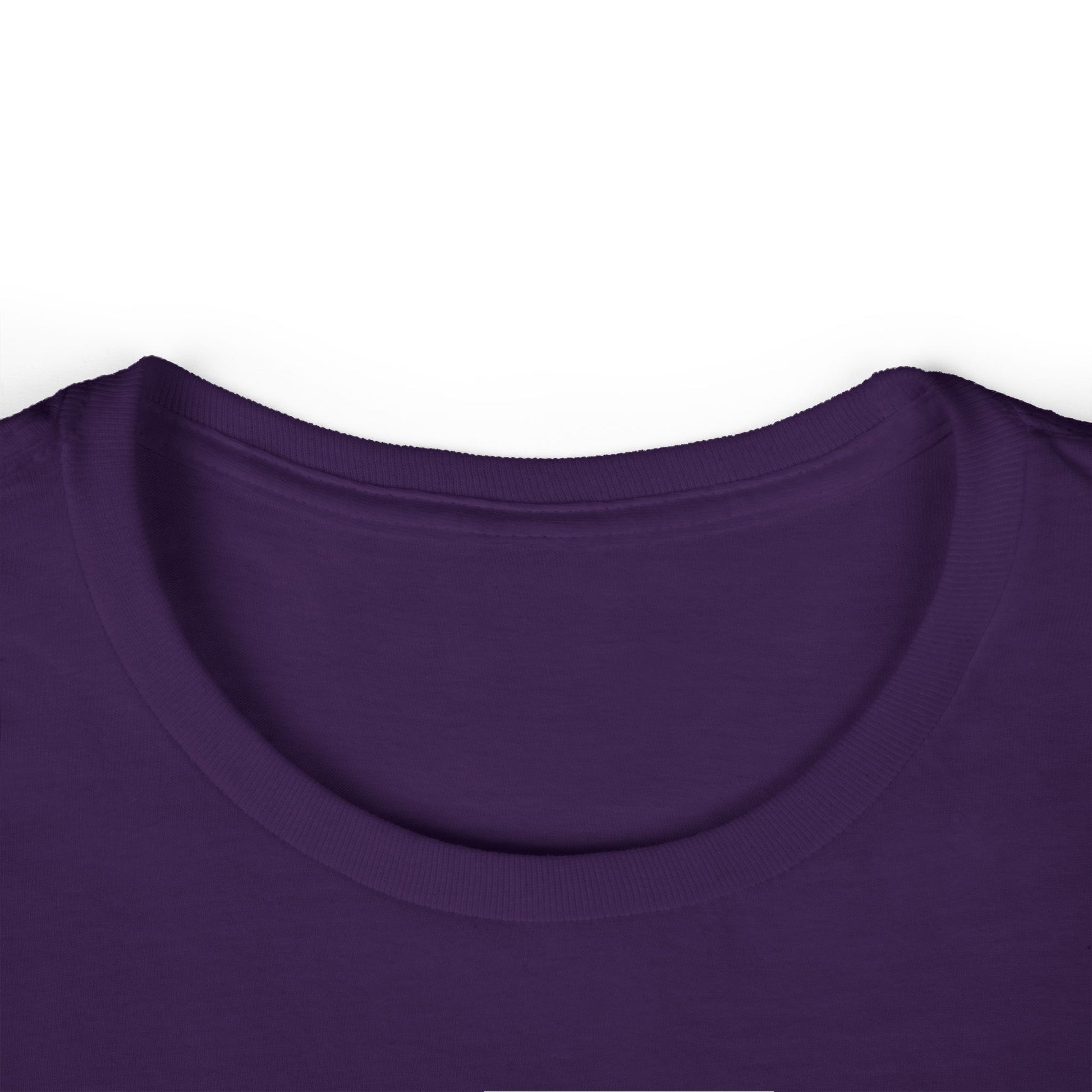 Tag-less neckline of purple t-shirt.