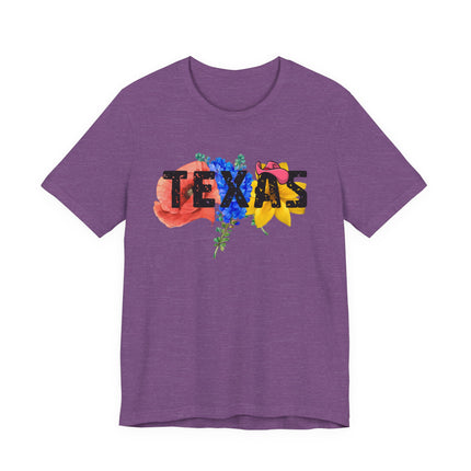 Purple t-shirt with 'TEXAS' and floral design on a white background