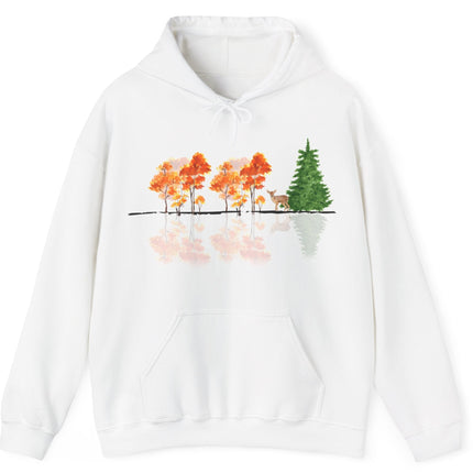 White hoodie with a nature-themed design on a white background. Reflective trees and fawn on front.