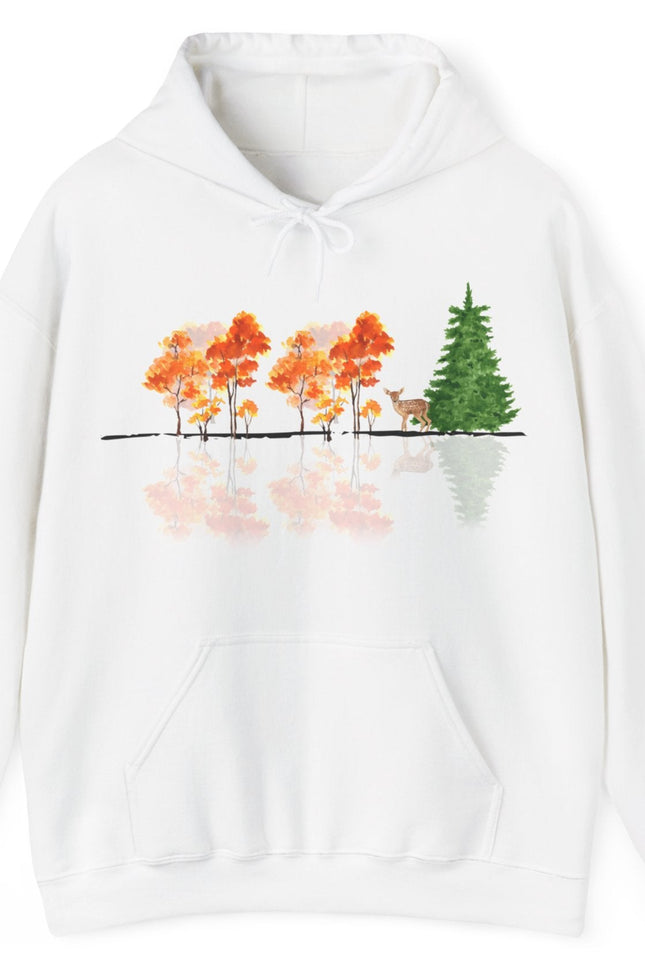 White hoodie with a nature-themed design on a white background. Reflective trees and fawn on front.