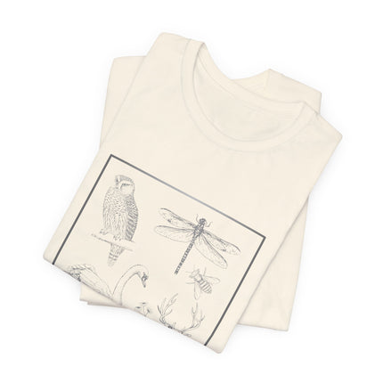 A folded cream-colored t-shirt with a black line art graphic of an owl, dragonfly, and bee inside a rectangular border, displayed on a clean white background.
