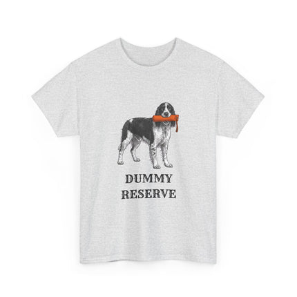 A light heather gray short-sleeve t-shirt A white short-sleeve crewneck t-shirt featuring a graphic of a black and white Springer Spaniel dog holding an orange training dummy in its mouth, with the text 'DUMMY RESERVE' printed below in black.