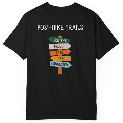 Back of black t-shirt with 'Post-Hike Trails' text and directional signs on a white background