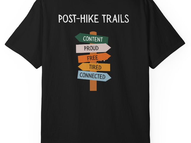 Back of black t-shirt with 'Post-Hike Trails' text and directional signs on a white background