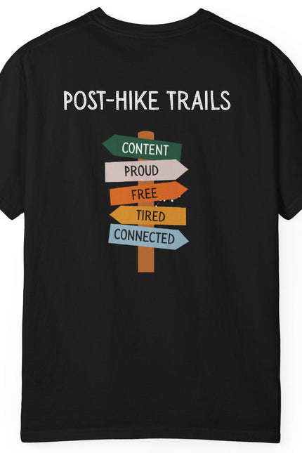 Back of black t-shirt with 'Post-Hike Trails' text and directional signs on a white background