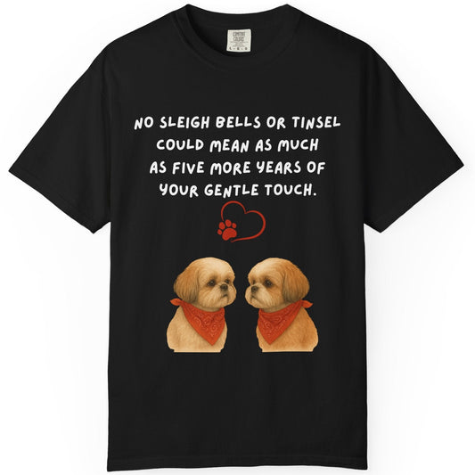 Black t-shirt with two dogs, red bandanas, and a heart on a white background