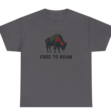 Gray t-shirt with a graphic of a bison and 'Free to Roam' text on a white background