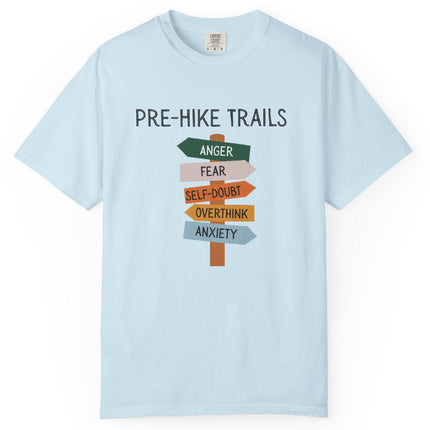 Light blue t-shirt with 'Pre-Hike Trails' graphic on a white background