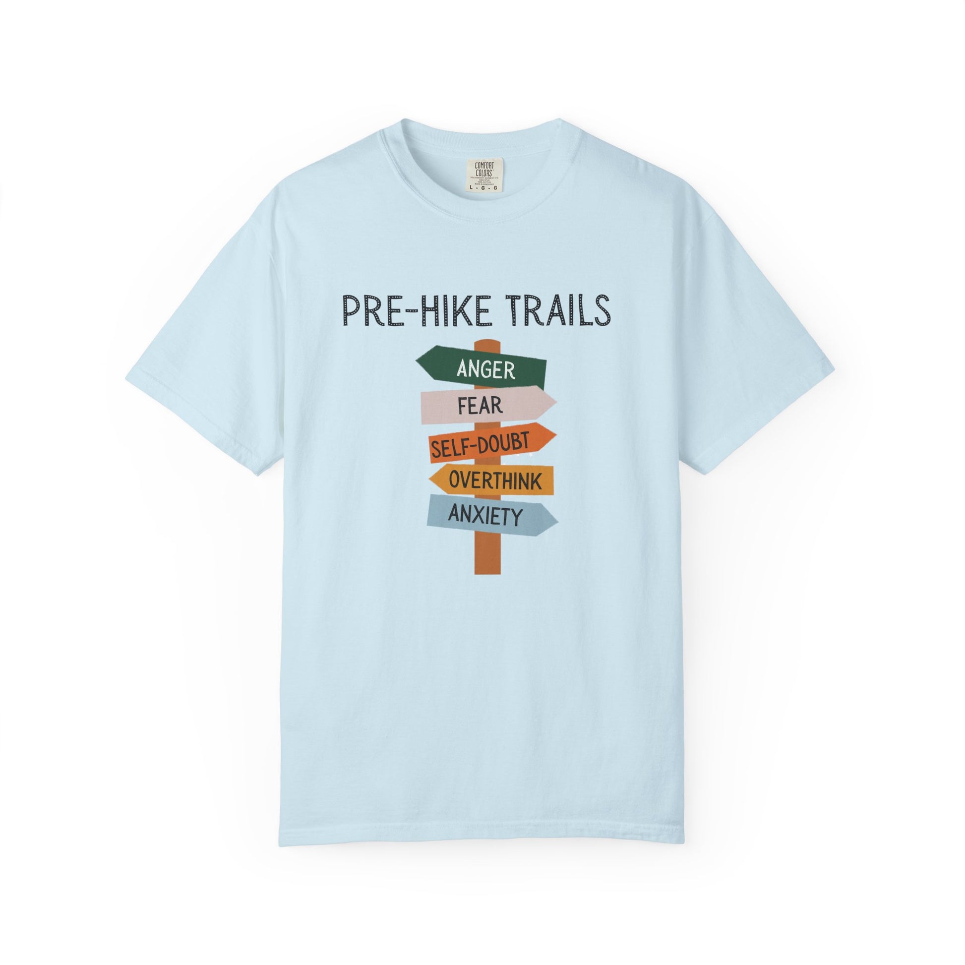 Light blue t-shirt with 'Pre-Hike Trails' graphic on a white background