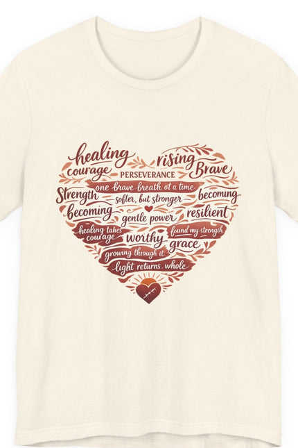 Beige t-shirt with motivational text design on a white background