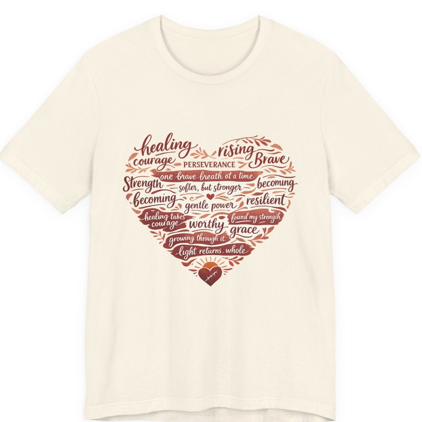 Beige t-shirt with motivational text design on a white background