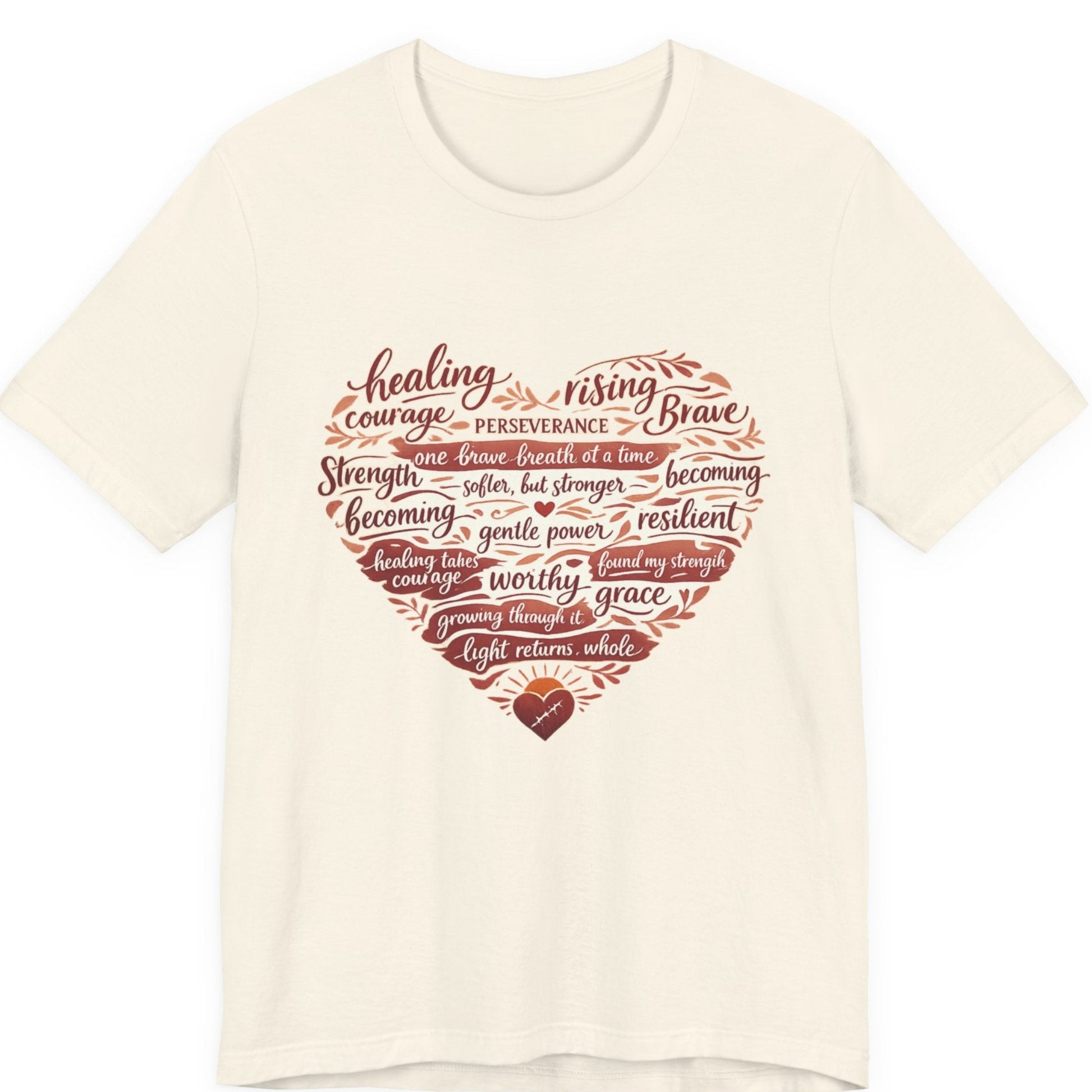 Beige t-shirt with motivational text design on a white background