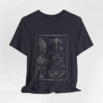 Dark gray t-shirt with wildlife you might see on a hike (owl, dragonfly, swan, deer, flowers, bee, mushroom, and butterfly.  With a white background