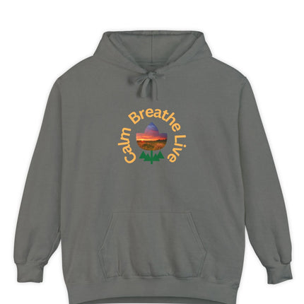 Gray hoodie with 'Calm Breathe Live' text and landscape graphic on a white background