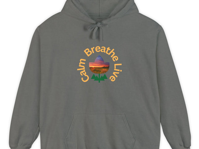Gray hoodie with 'Calm Breathe Live' text and landscape graphic on a white background
