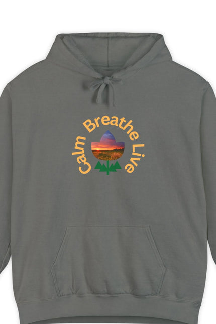Gray hoodie with 'Calm Breathe Live' text and landscape graphic on a white background