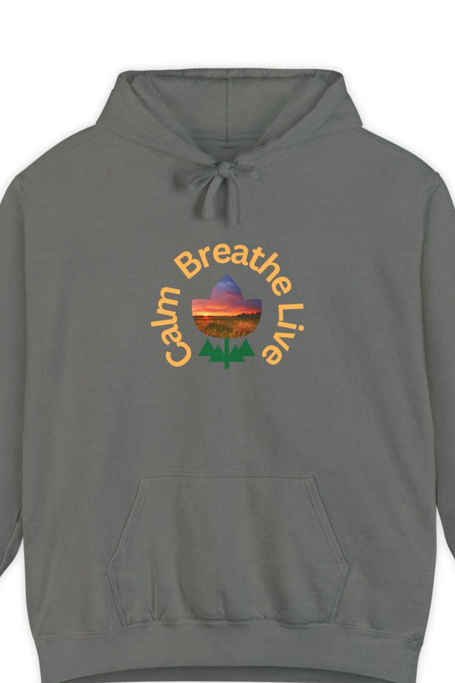 Gray hoodie with 'Calm Breathe Live' text and landscape graphic on a white background